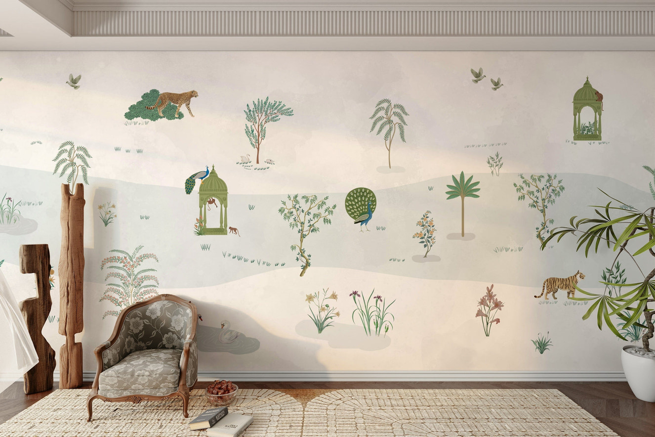 A peaceful wall mural with a tranquil garden scene.

