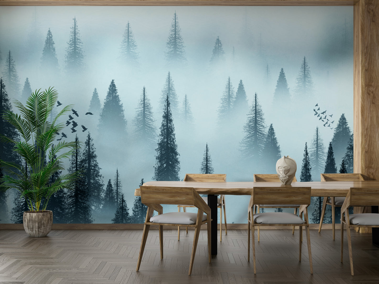 Tranquil Forest Dawn Wallpaper – Woodland Illustration with Birds