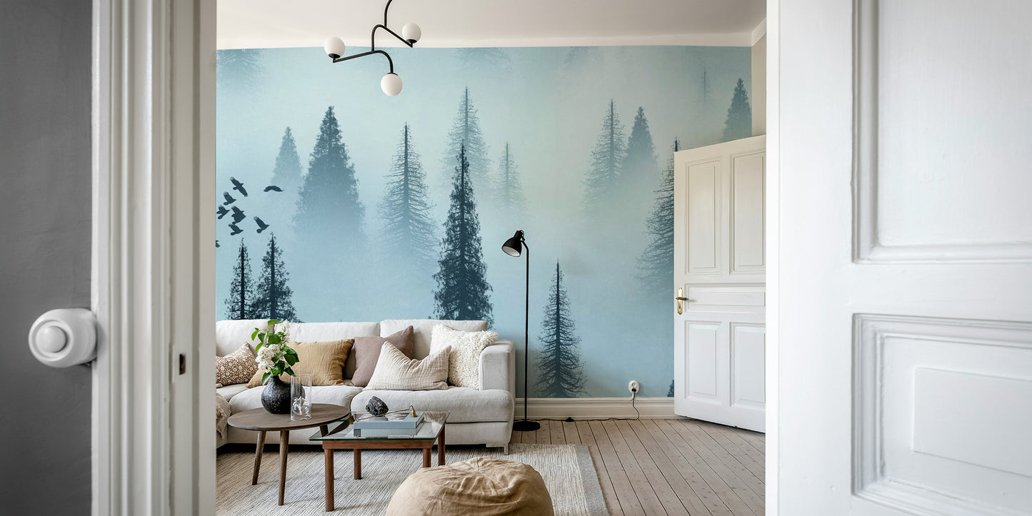 Tranquil Forest Dawn Wallpaper – Sunrise Over Pine Trees