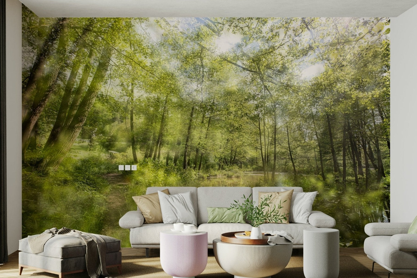 Tranquil Forest Reflection Art Print | Serene Nature Photography | Greenery Landscape Decor Wall Mural