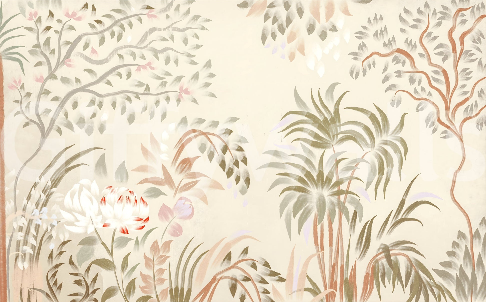 Exquisite floral fantasy Garden Whispers wallpaper sophisticated light toned pattern.