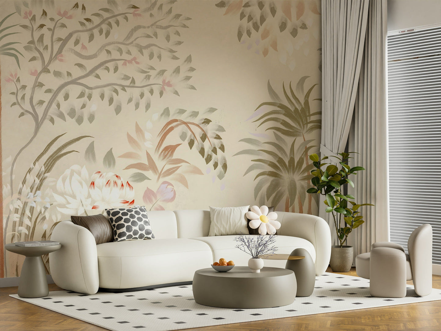 Flowing branches Garden Whispers mural elegant bedroom nursery backdrop.
