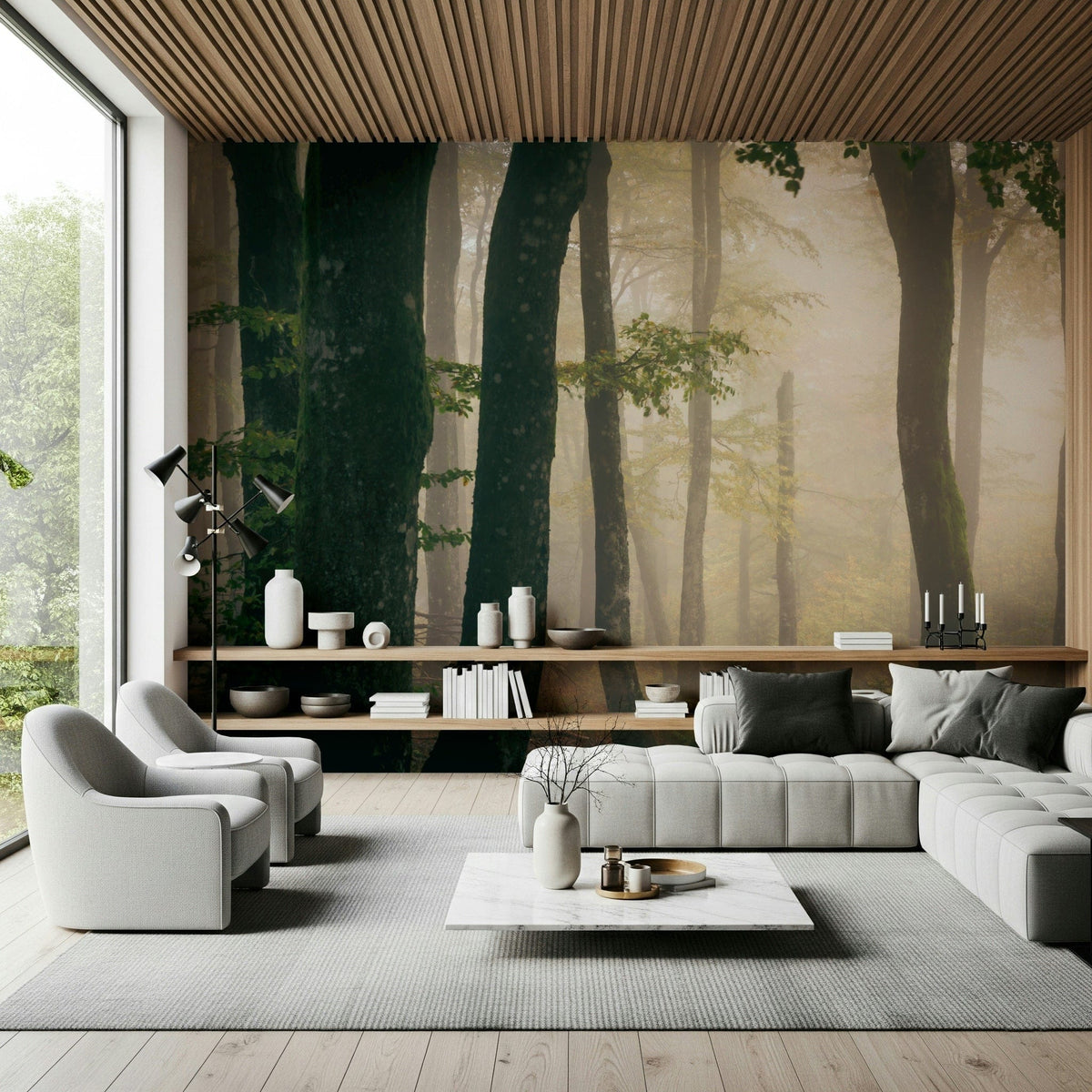 Tranquil Grove wall mural Deep misty forest, tall tree trunks, ethereal wood decor.