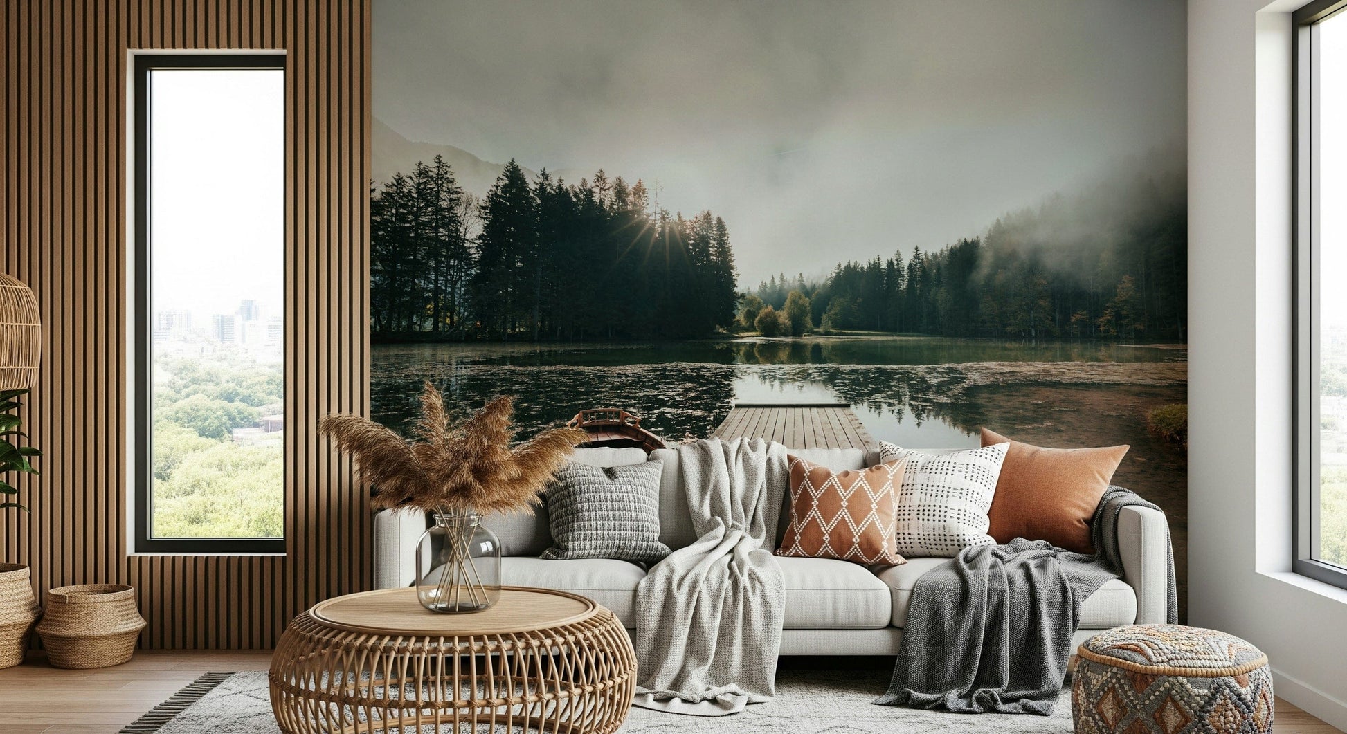 Coastal Sunrise Wall Mural – Elegant mural of a sunlit dockside scene evoking peace and morning calm.