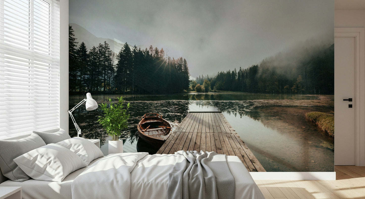 Lakeside Dawn Wall Mural – Relaxing mural capturing tranquil waters, warm sky tones, and dock reflections.