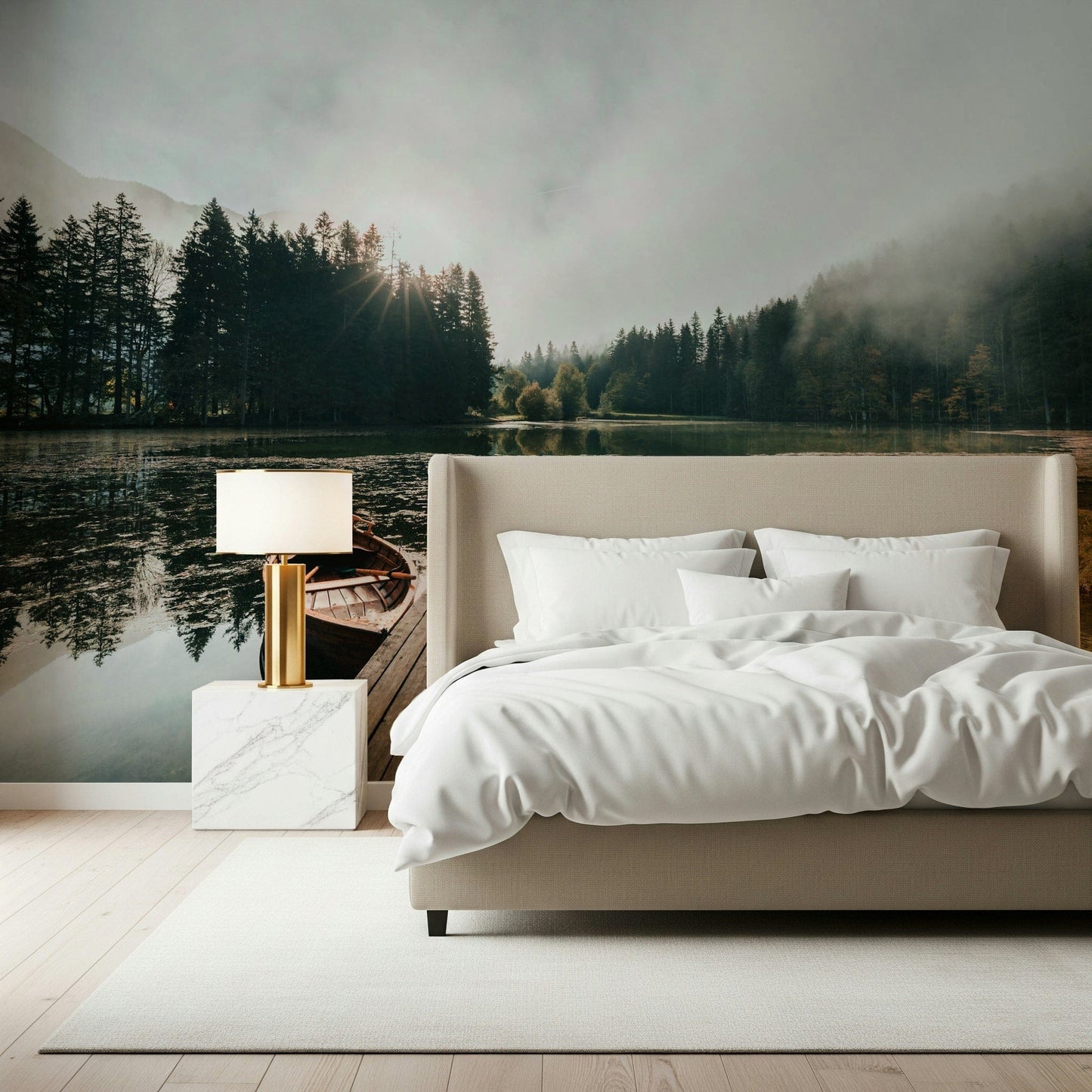 Sunrise Over the Dock Wall Mural – Beautiful mural showing gentle dawn hues over a peaceful harbor.