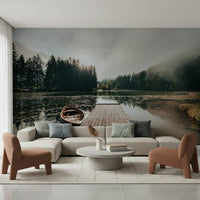 Harbor Sunrise Wall Mural – Serene mural capturing a wooden dock bathed in golden dawn light.