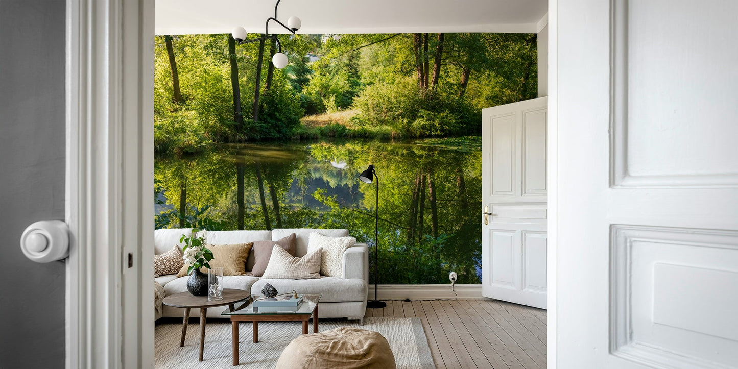 Tranquil Nature Reflection Art Print - Serene Water and Greenery Scene Wall Mural