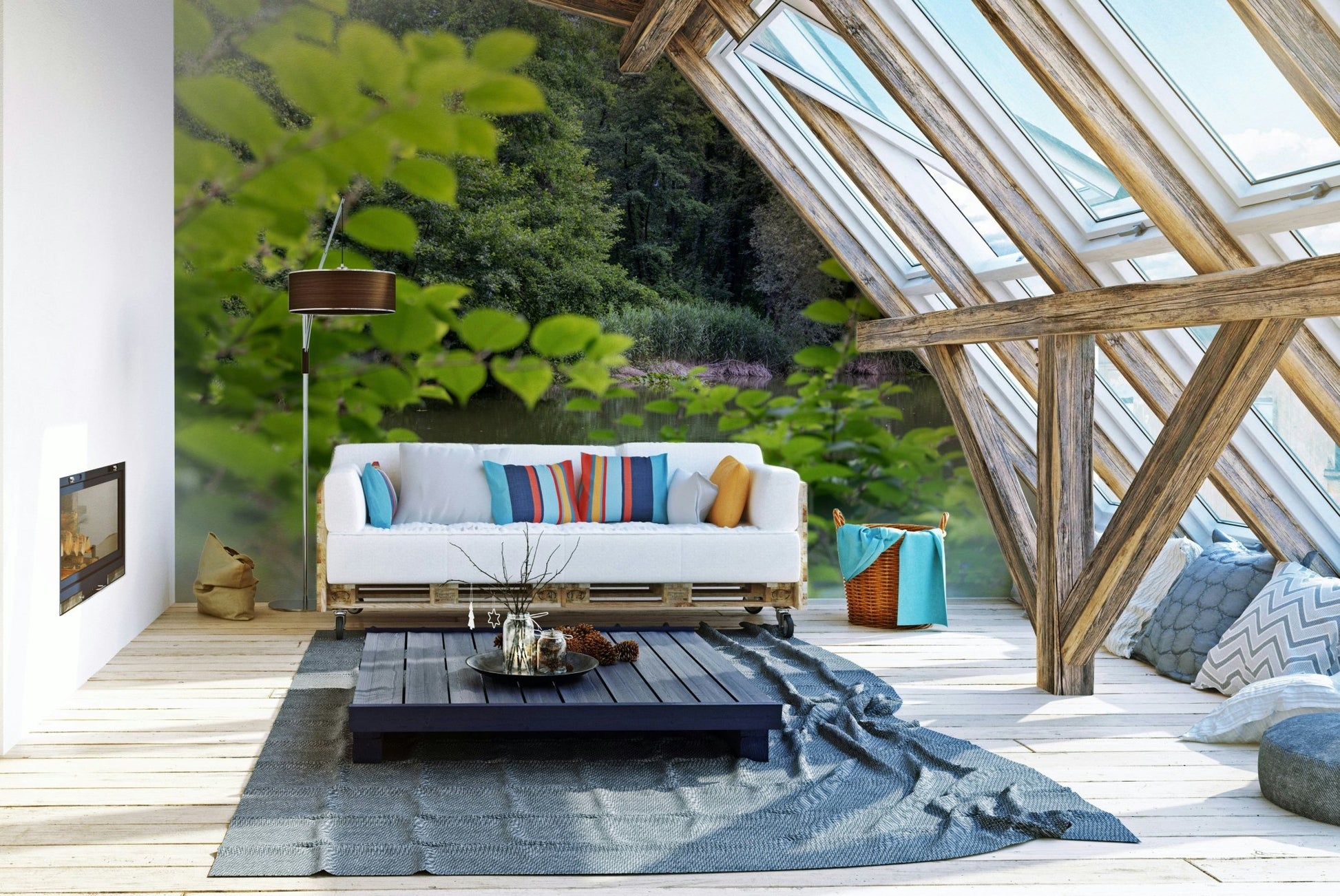 Vibrant greens and soft blues of water
