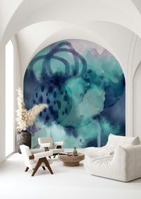 Ocean wave wallpaper in bedroom headboard wall, calming blue and white décor