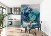 Dining room wall with ocean wallpaper, clean coastal style in cool tones