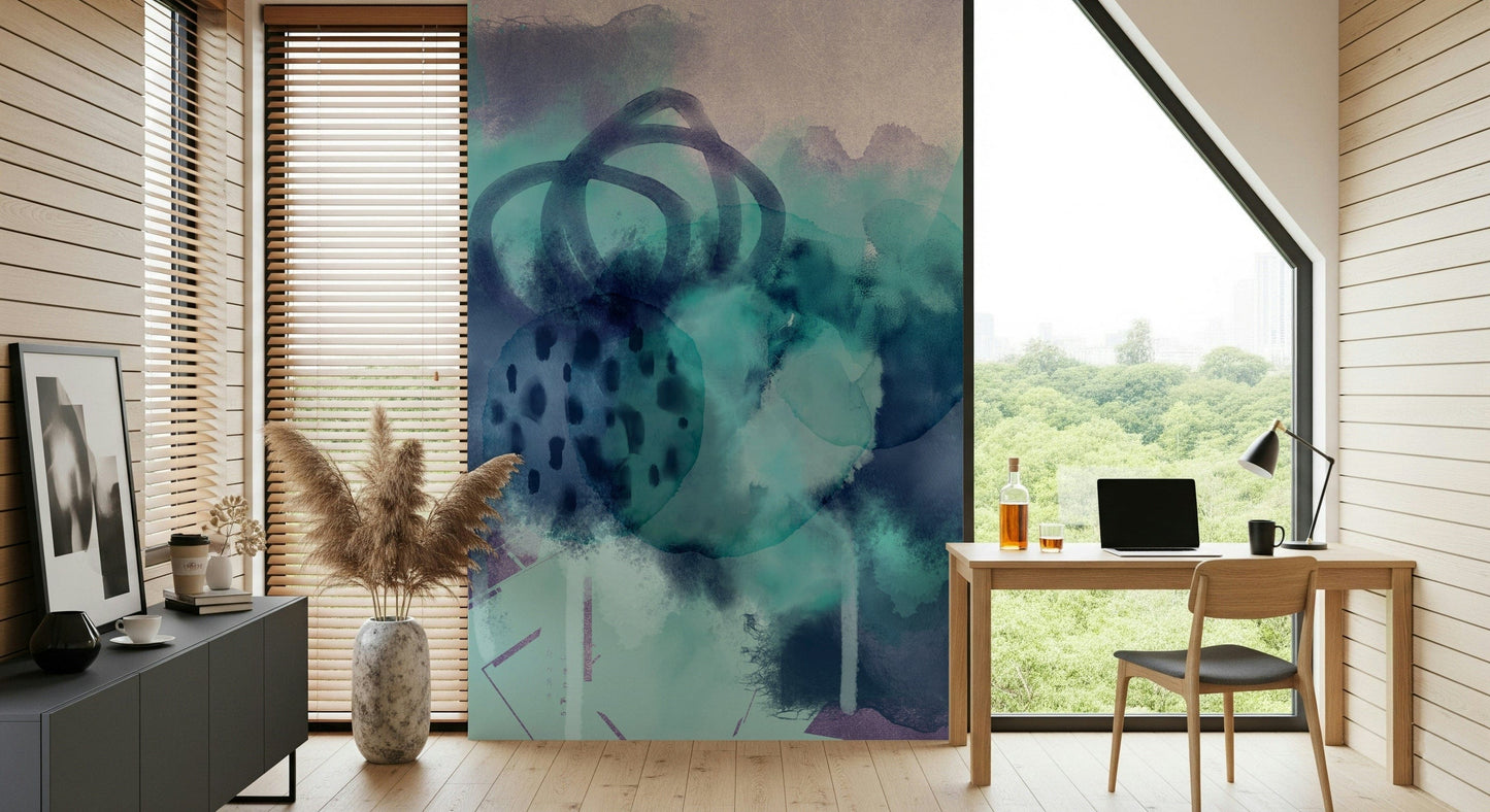 Dining room accent wall with ocean-themed wallpaper, minimalist coastal look