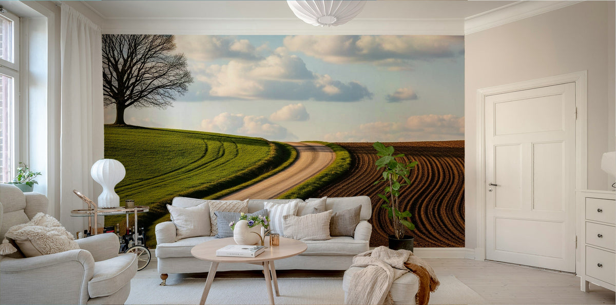 A peaceful wall mural with a charming countryside scene.

