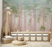 Slender pine trees in mist.

