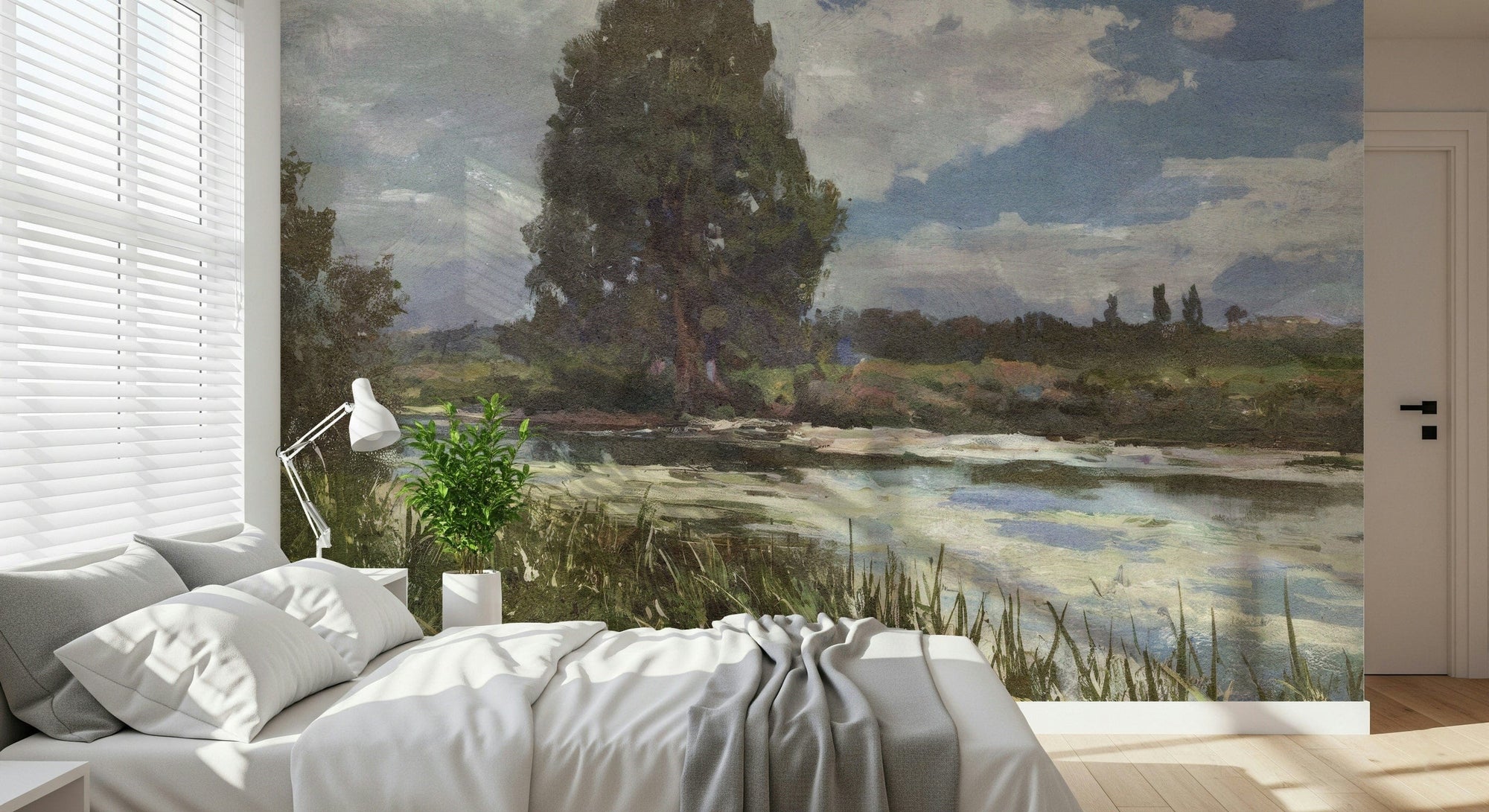 Riverbank Reverie wallpaper mural of a painted river and tall tree behind a white bed in a bedroom