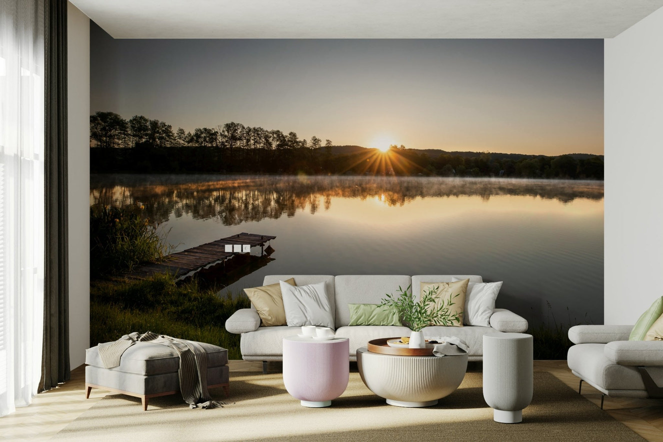 Tranquil Sunrise Reflection Over Serene Lake Wall Mural