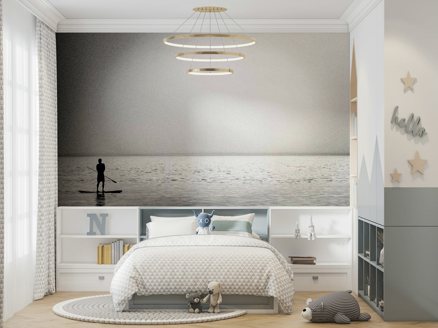 A peaceful open ocean mural on decorative wallpaper.

