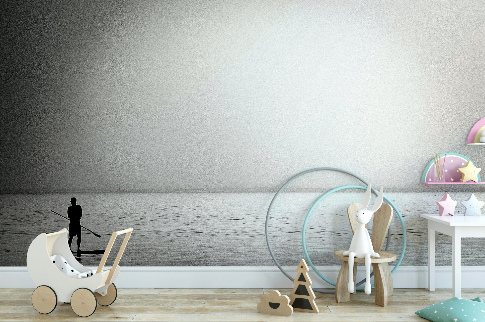 An artistic sunset landscape mural on minimalist wallpaper.

