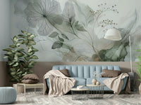 Tranquil Tones Wall Mural in a minimalist yoga room with natural floor mats.