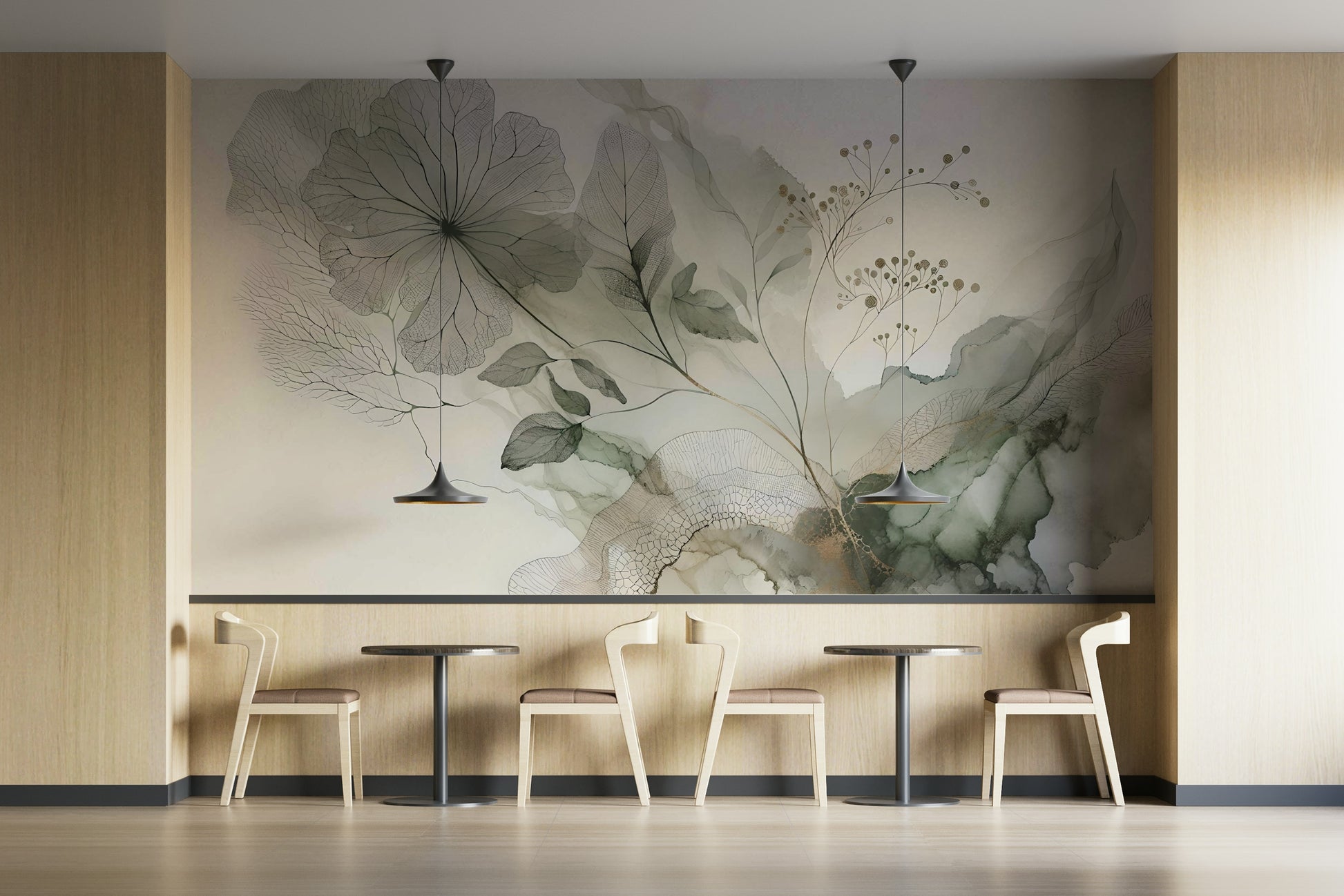 Neutral landscape mural in a sunlit studio apartment with white textiles.