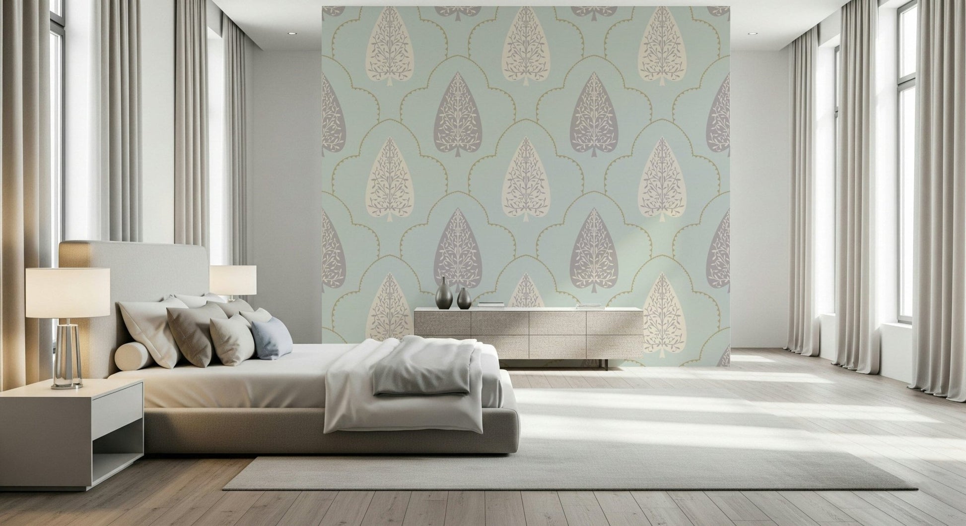 Calm Tranquil Trellis wallpaper with subtle mauve floral tracery.