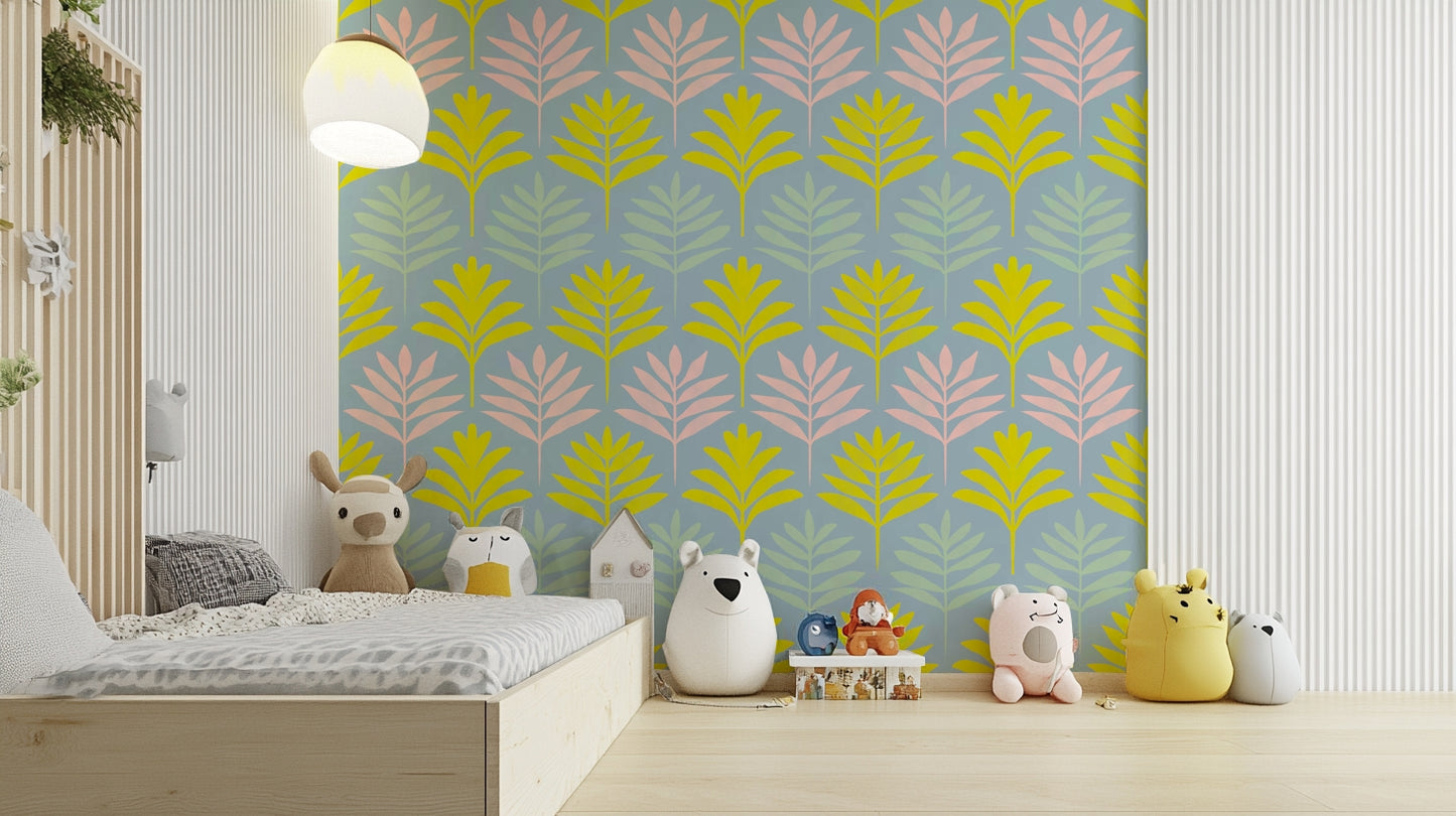 Nature-inspired tropical mural with leafy prints

