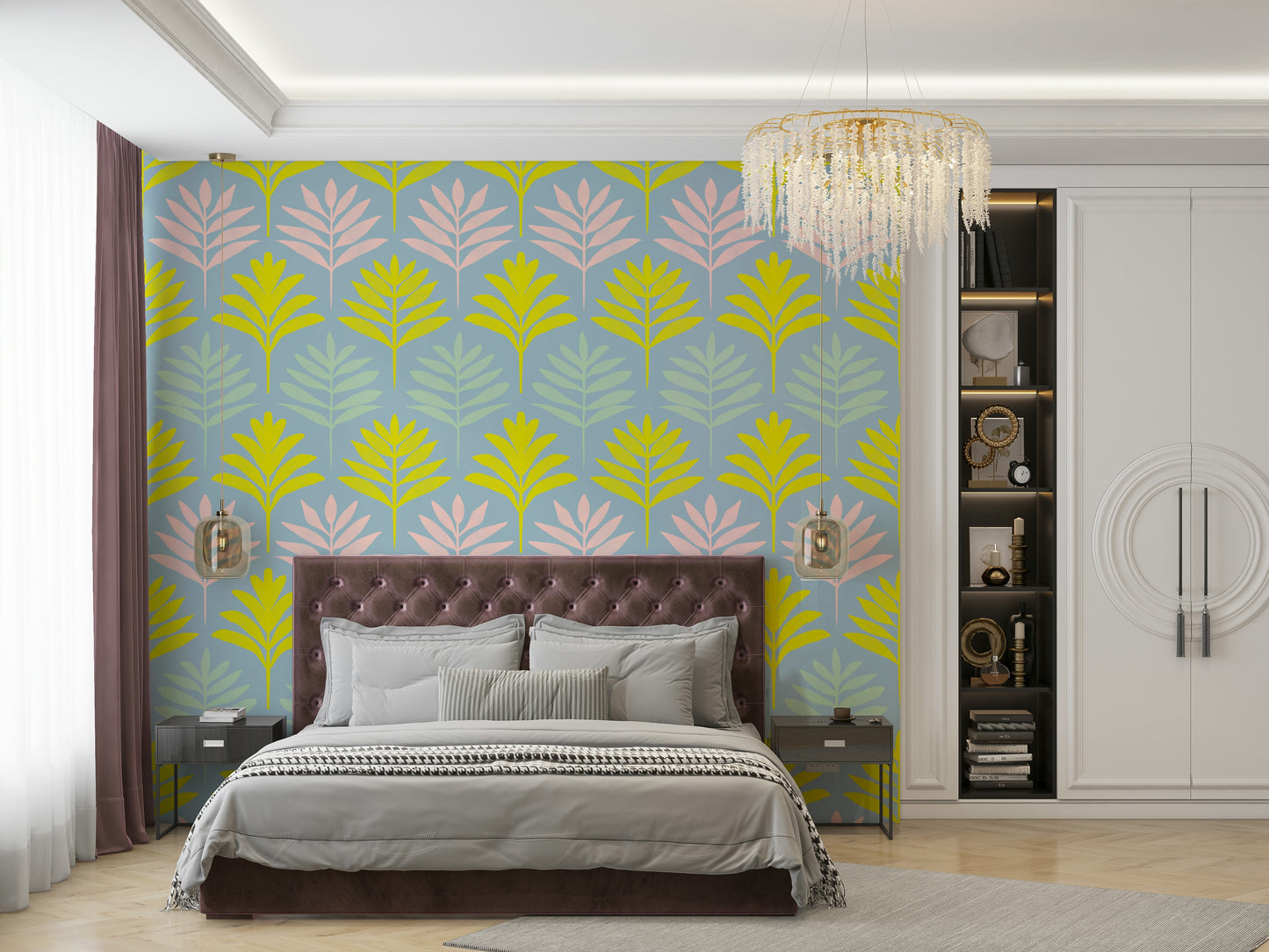 Wallpaper with gentle tropical plant patterns

