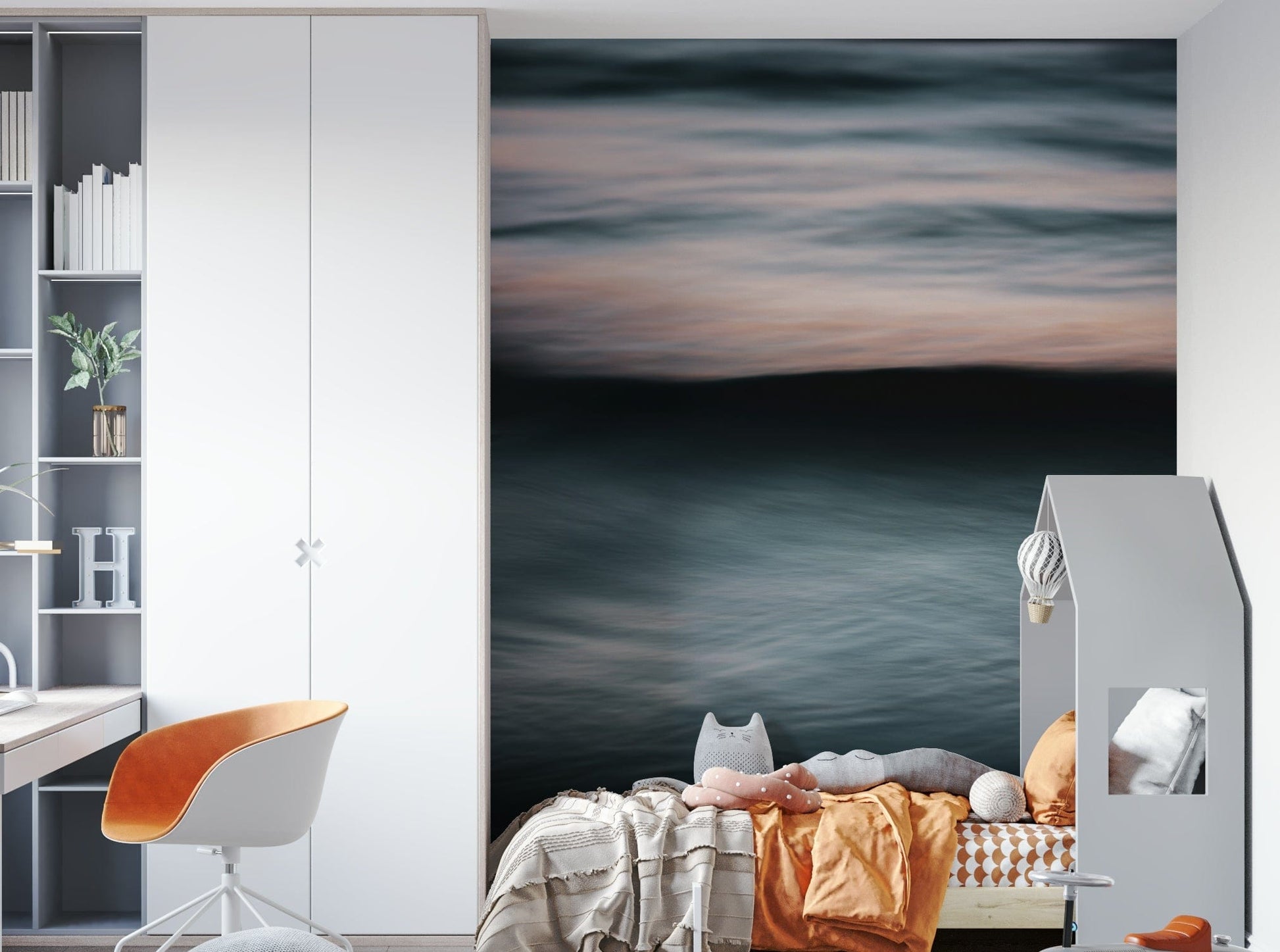 A contemporary living room with a large ocean wave wall mural.

