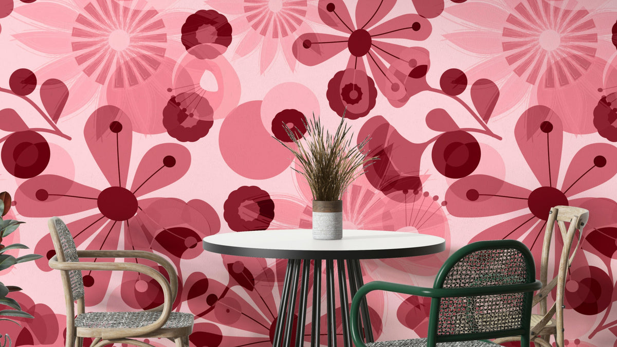 Translucent Flora wallpaper mural with crimson and pink retro flowers behind a white round dining table