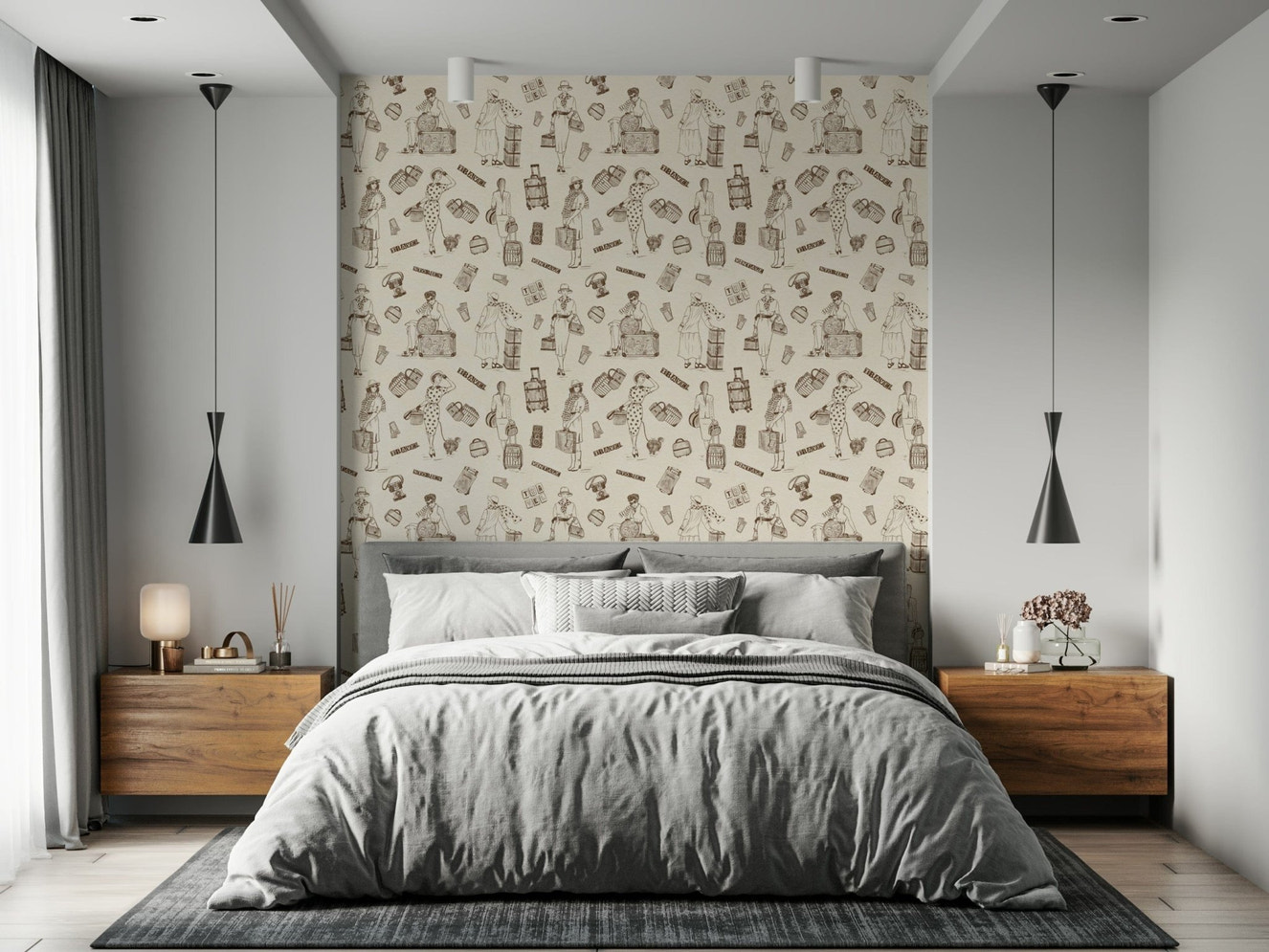 Charming travel motifs arranged in a narrative, story-like design.