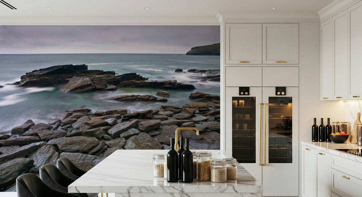 Scenic rocky beach view for calm bedroom setting