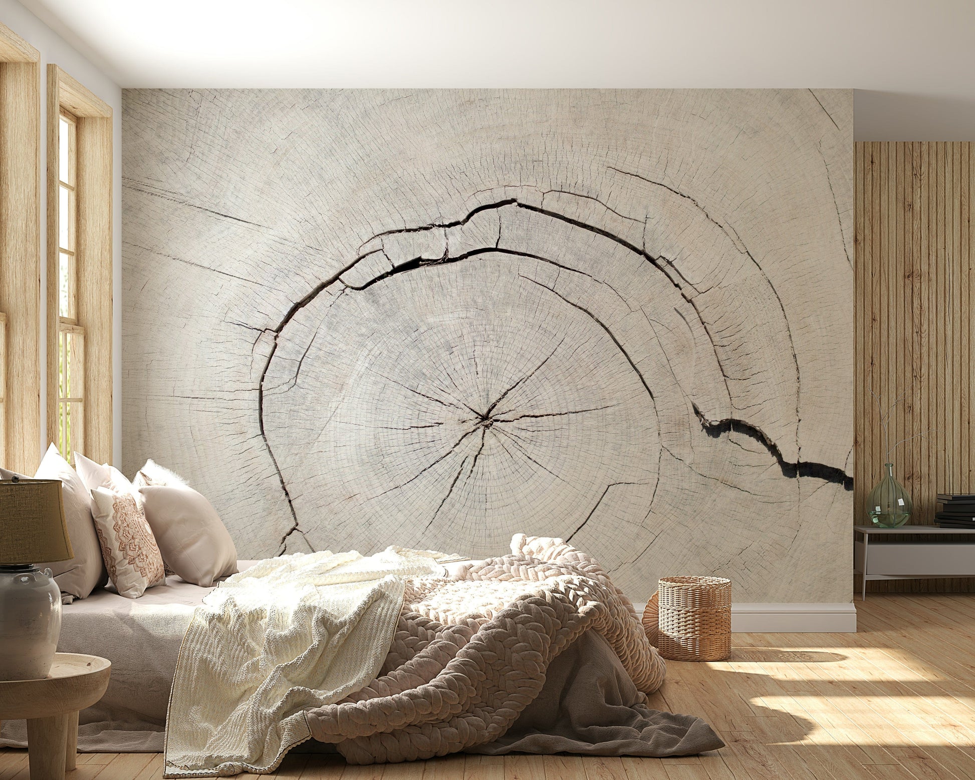 Tree mural for reading nook, modern organic style, earthy tones on feature wall
