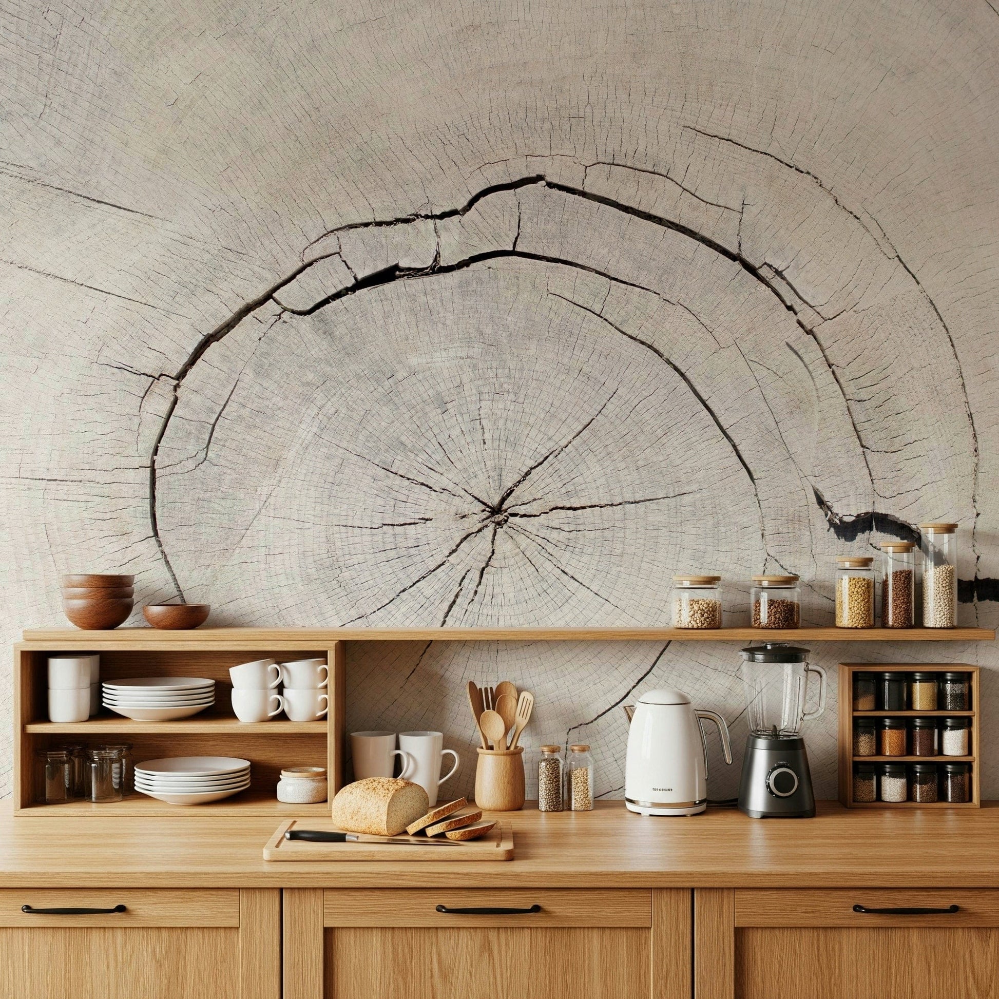Tree-themed wall mural in studio apartment, nature wall decor with balanced greens and beige