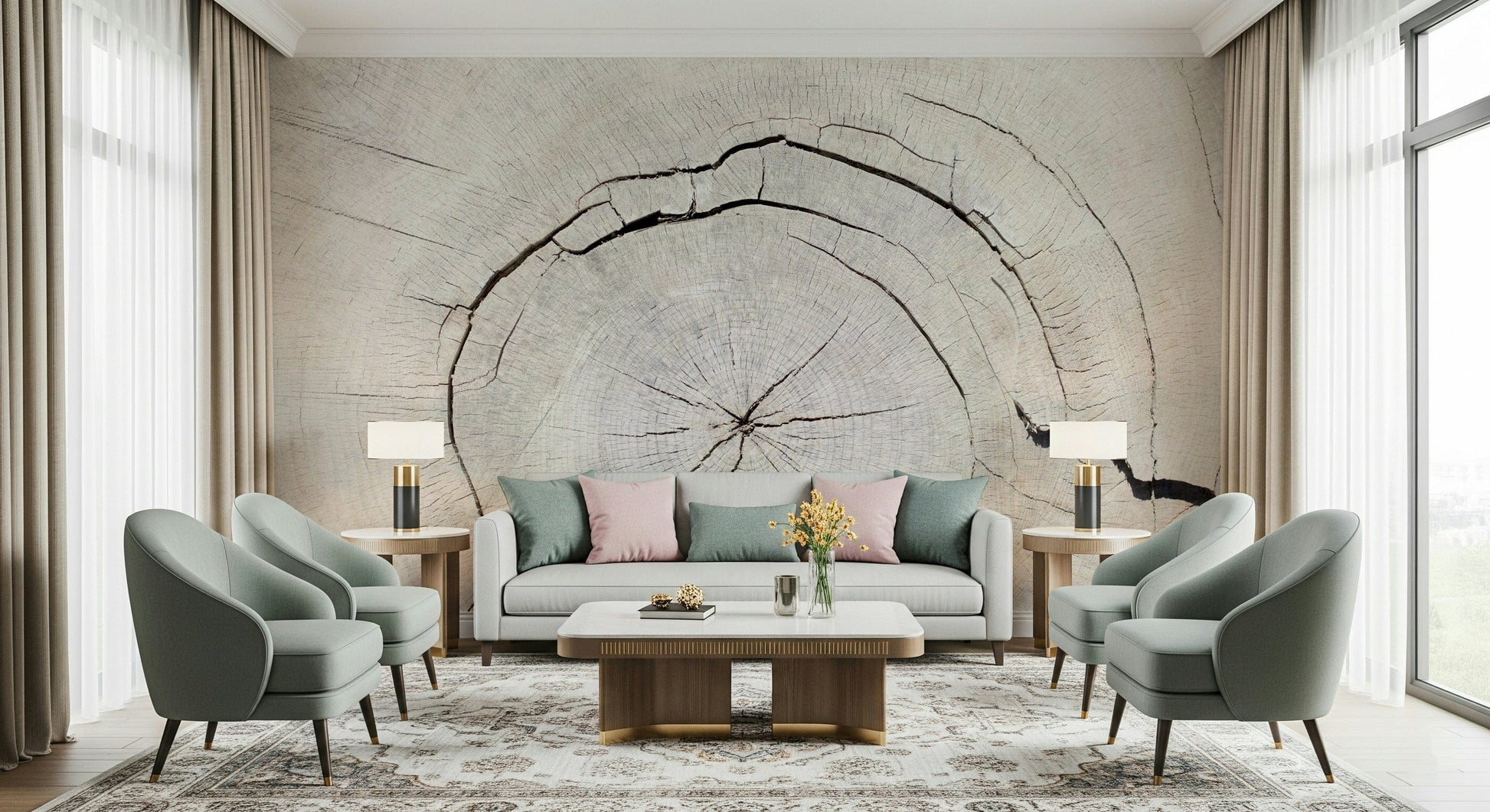 Tree silhouette mural on dining room wall, modern nature theme, warm neutral wall decor