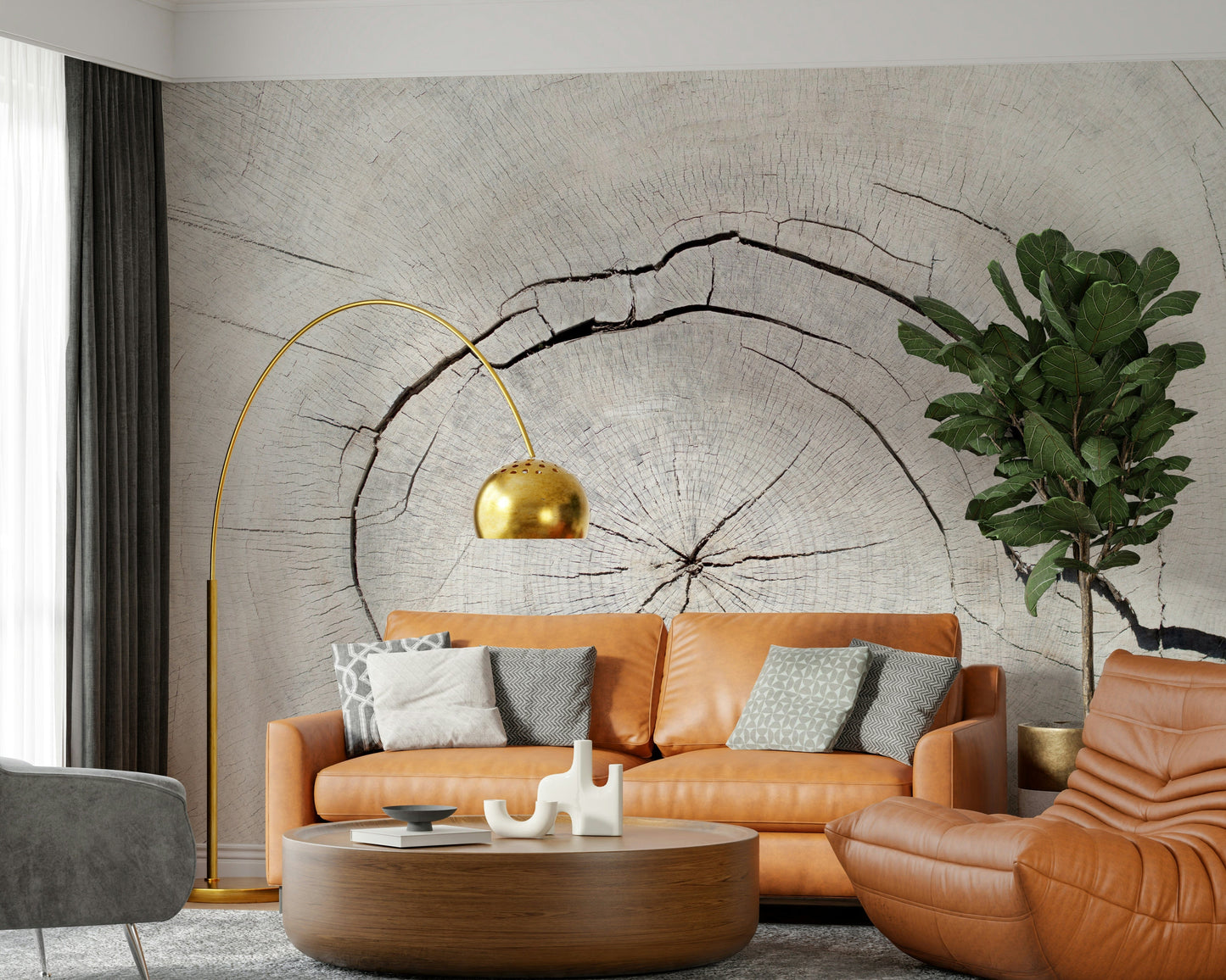 Tree’s Life Story Wall Mural behind sofa in apartment lounge, neutral palette, calm botanical style