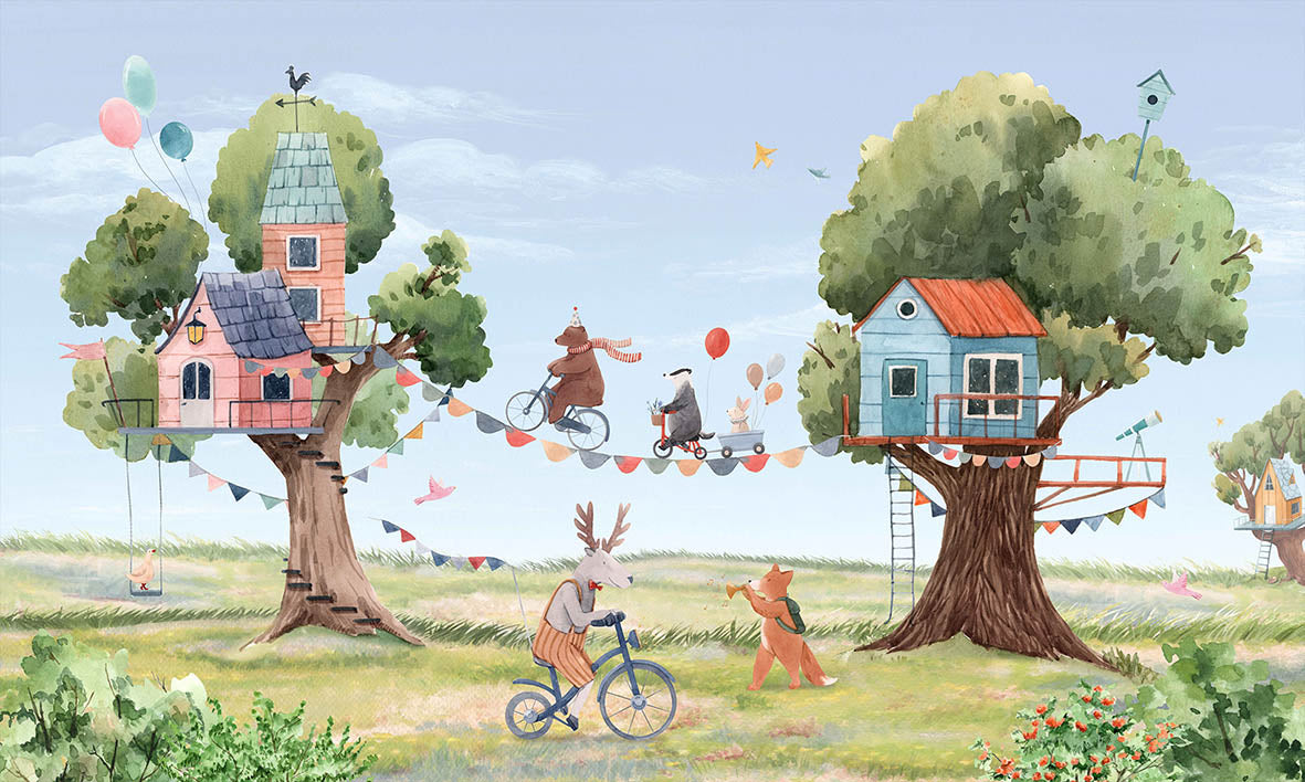 Treehouse party wallpaper for kids room in your room — zoomed
