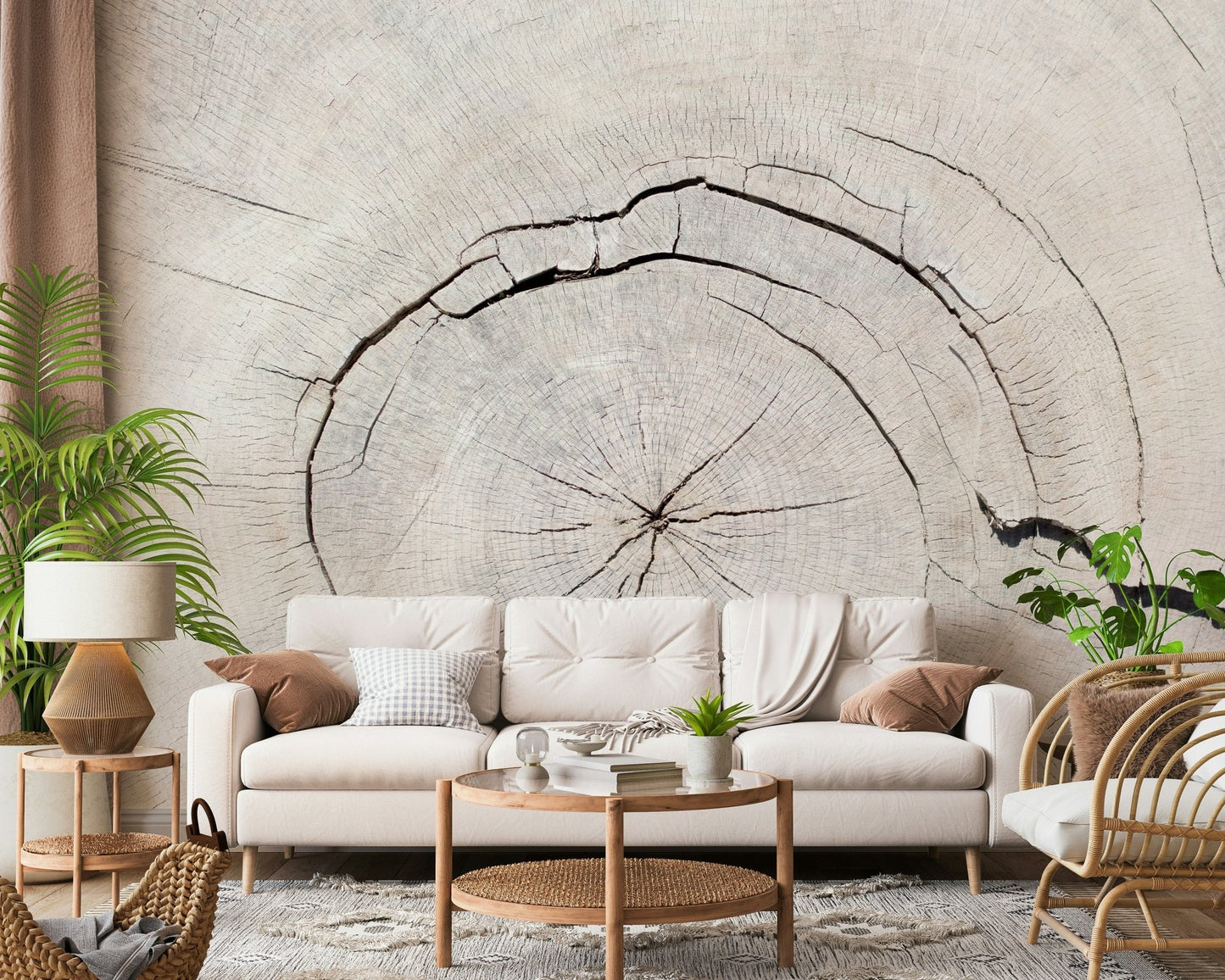 Woodland tree wallpaper mural in bedroom, soft greens and browns, relaxing nature accent wall