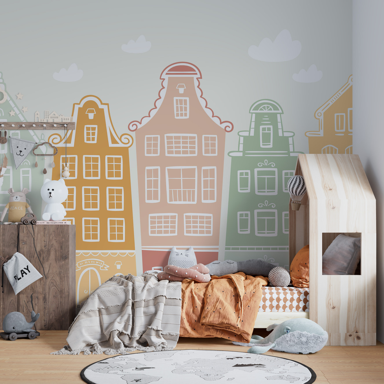 Trendy Kids Room Building Wallpaper Murals in pastel colors