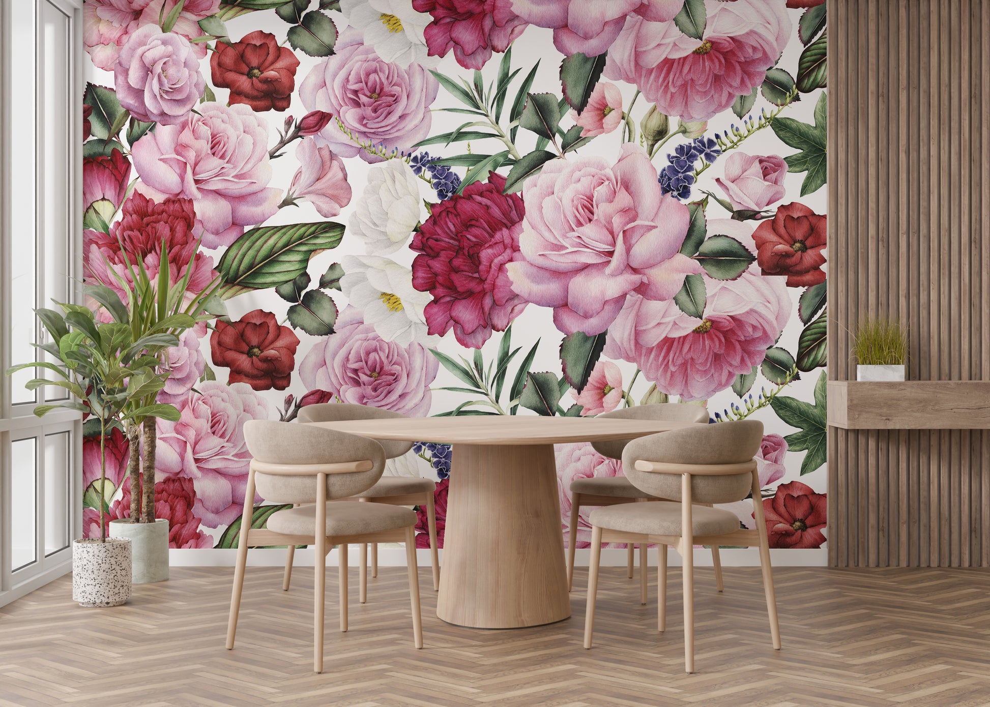 Trendy floral wallpaper with pink and red roses
