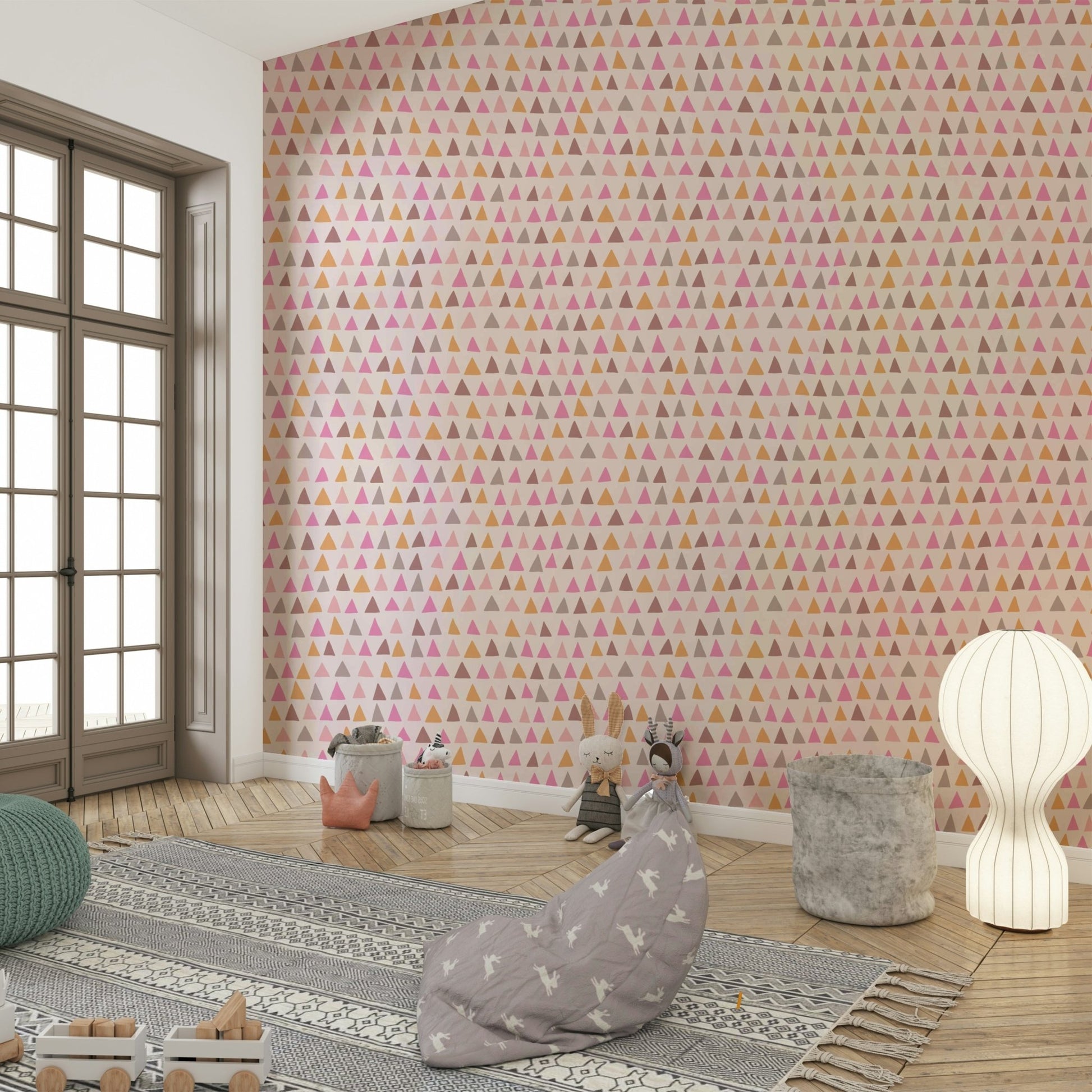 Pink and neutral triangle wallpaper for cheerful interiors.

