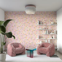 Wallpaper featuring pink, coral, and neutral triangles.

