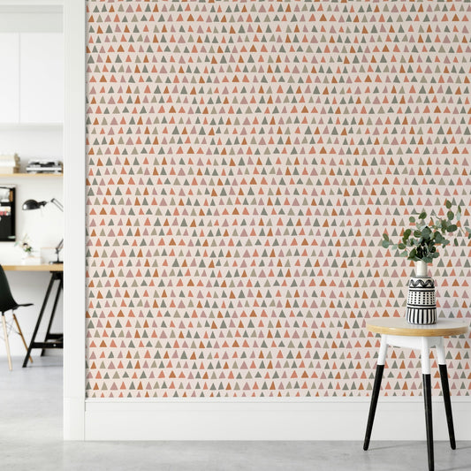 Hand-drawn triangle pattern wallpaper with forest color palette.

