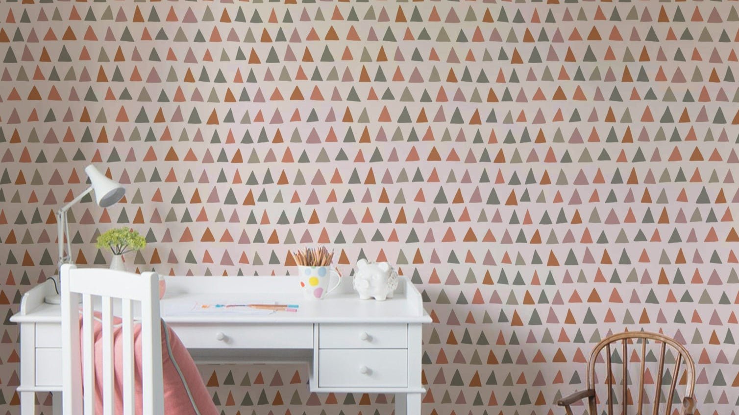 Triangle Multicolor Woodland Wallpaper in earthy tones.

