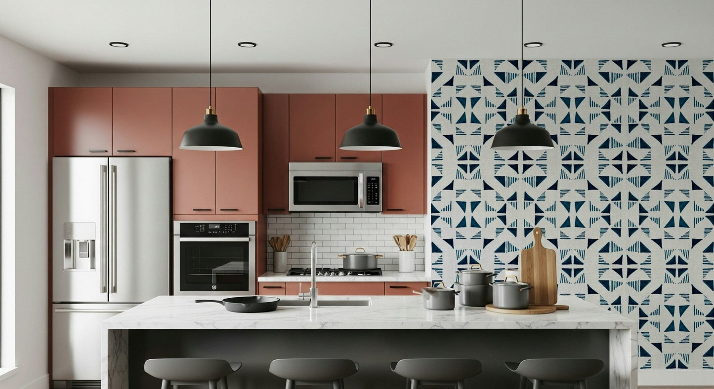 Blue geometric wallpaper with layered triangles creating depth and visual interest.