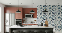 Blue geometric wallpaper with layered triangles creating depth and visual interest.