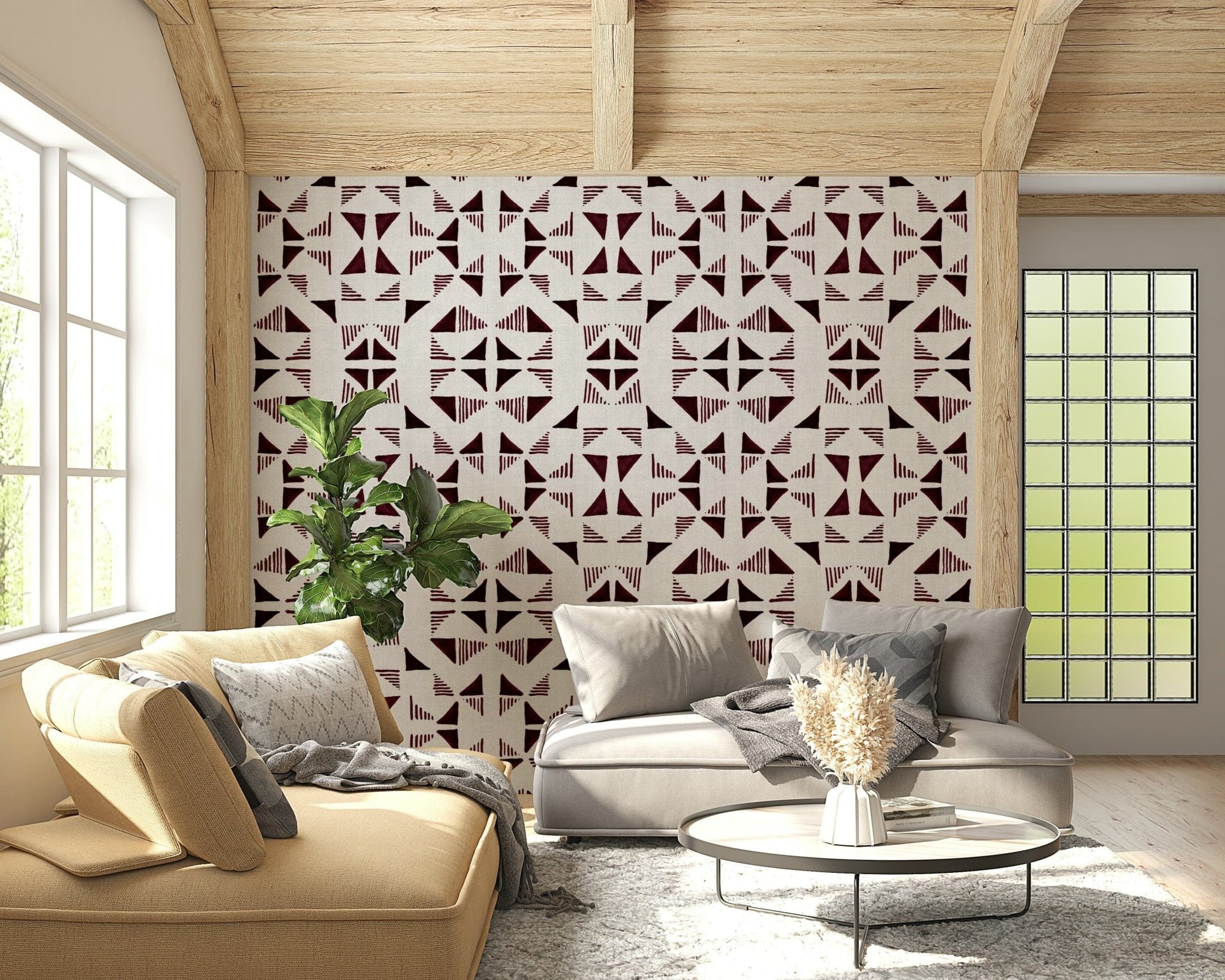 Triangles Composition Burgundy wallpaper with dark red triangles behind a mustard sofa in a wood-beam living room