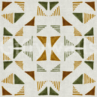 Triangles Composition Foliage wallpaper close-up of green, mustard, and rust triangles on textured off-white linen
