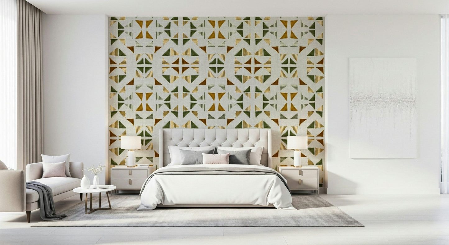 Triangles Composition Foliage Wallpaper — stylish mix of green hues and earthy accents.