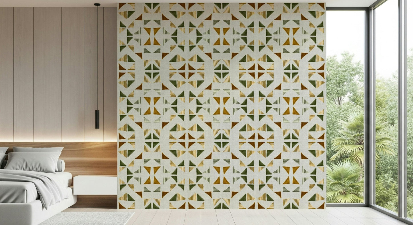 Contemporary wall mural with abstract triangles mimicking foliage patterns and textures.