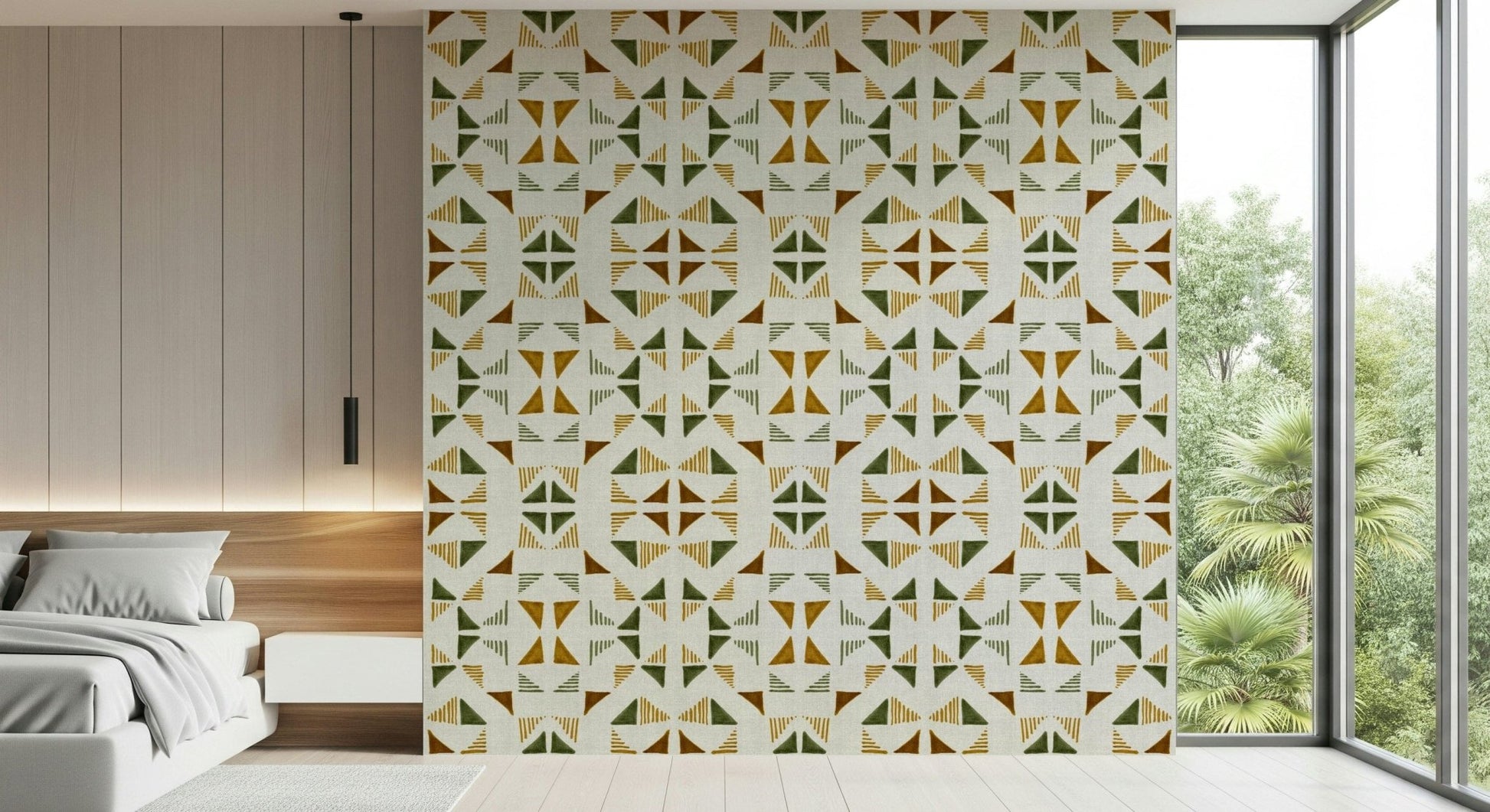 Contemporary wall mural with abstract triangles mimicking foliage patterns and textures.